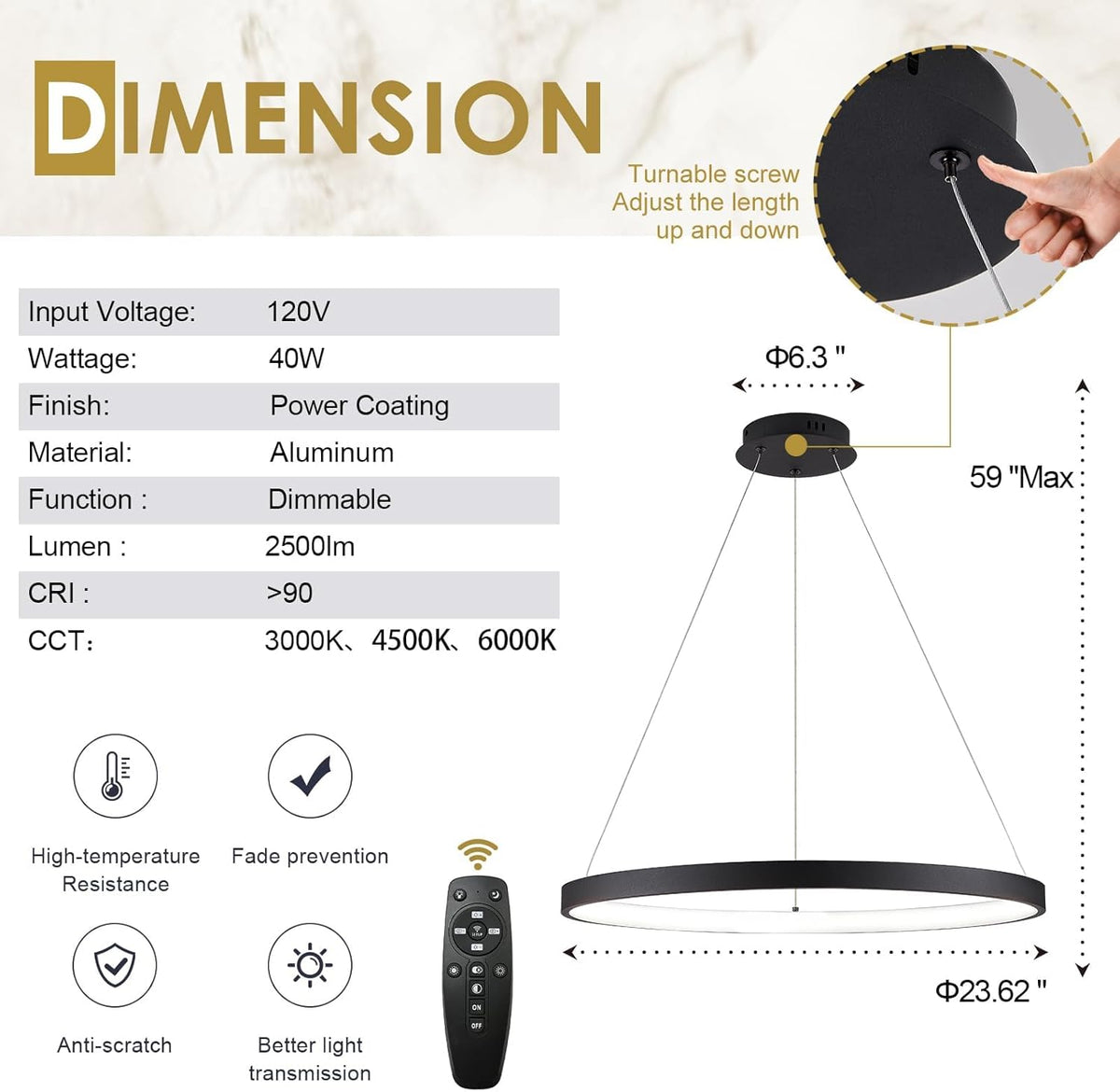 Modern LED Pendant Light Black Ring Chandelier 24" Dimmable Flush Mount Pendant Chandelier for Dinning Room Office Kitchen Living Room,3000-6500K