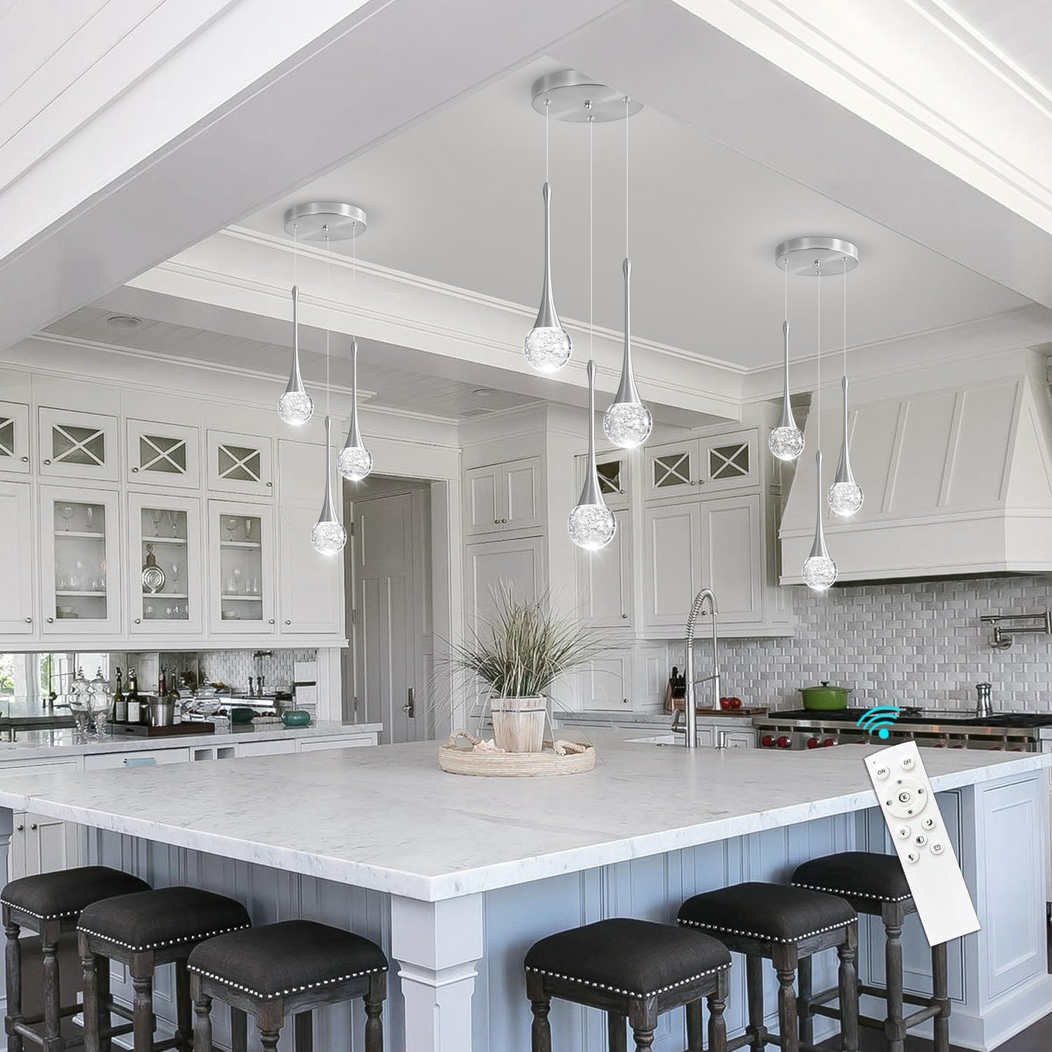 3-Lights Modern Pendant Lights for Kitchen Island LED Dimmable Crystal Glam Ceiling Pendant Lighting Chandelier for Dining Room Hallway Bedroom Corner Lamp Brushed Nickel
