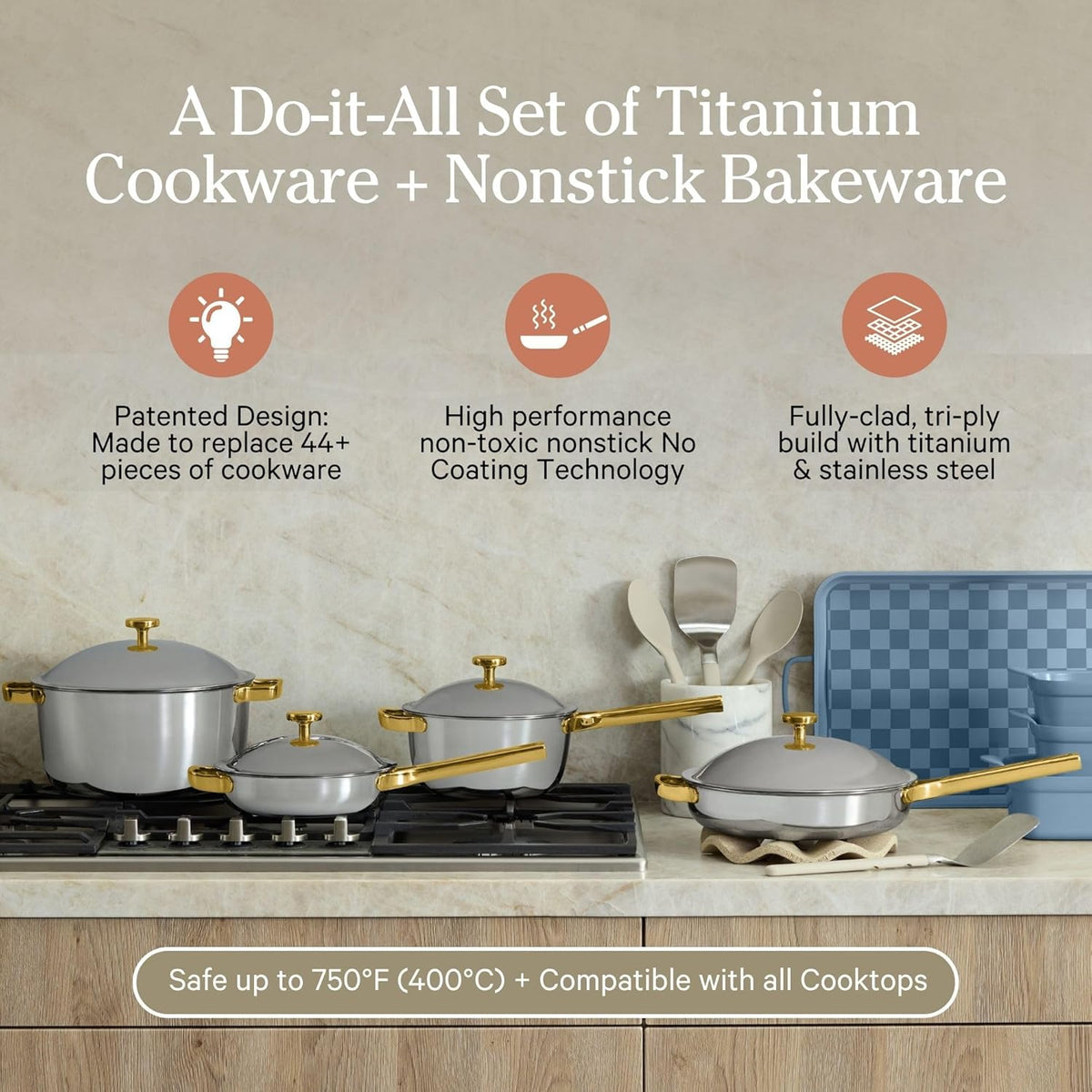 Our Place Titanium Pro Cookware & Bakeware Set | 15-Piece Non-toxic Nonstick Kitchenware with Titanium Always Pan Pro, Perfect Pot Pro, Minis & Ceramic Bakeware with Stovetop Griddle | Blue Salt