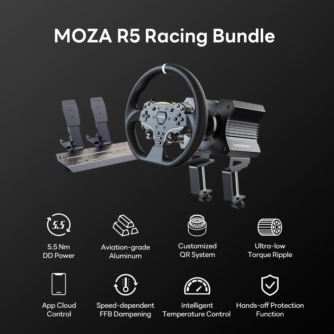 MOZA R5 All-in-One PC Gaming Racing Simulator: 5.5Nm Direct Drive Wheel Base, 11-inch Racing Wheel, Anti-Slip Pedals and a Desk Clamp, Cloud-based App Control