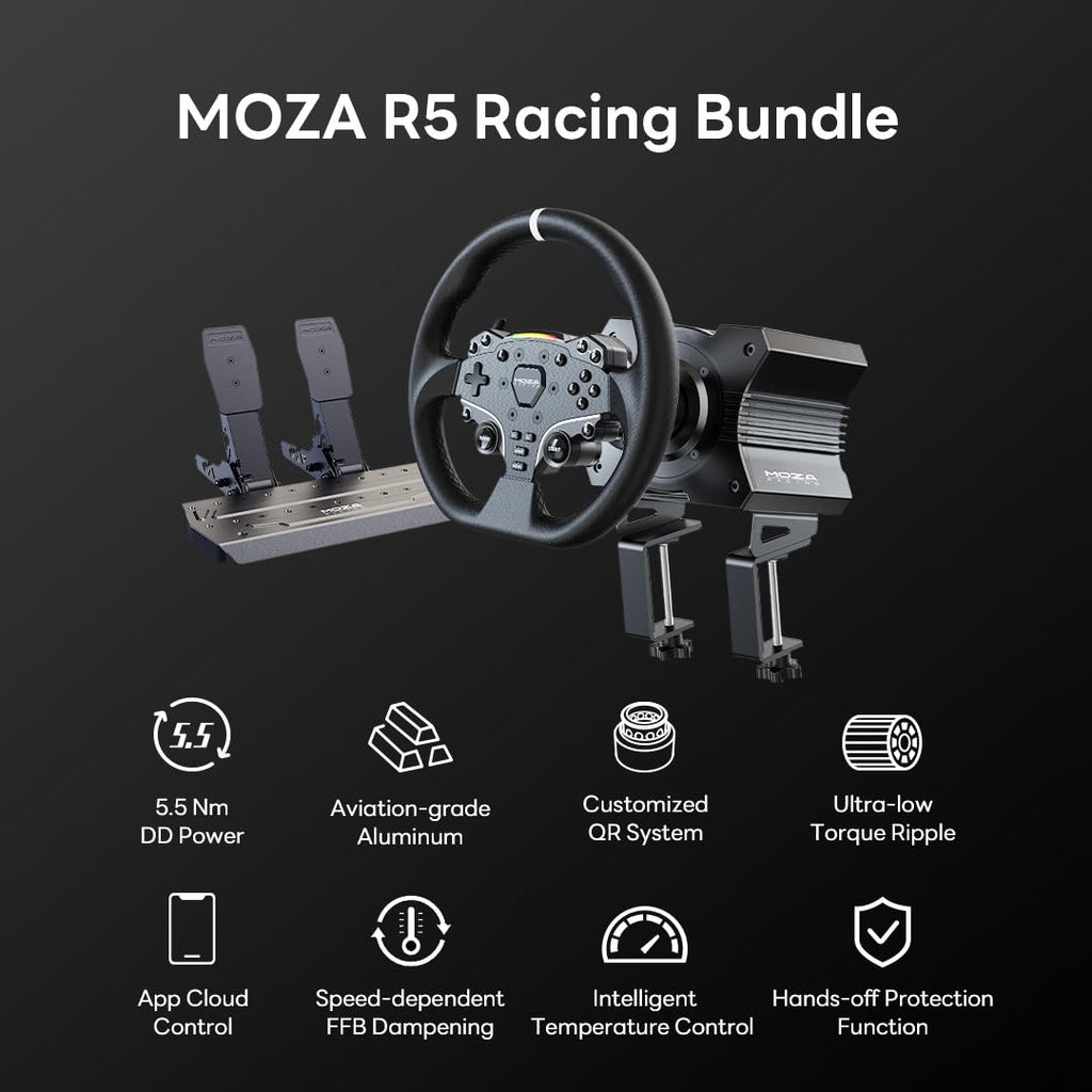 MOZA R5 All-in-One PC Gaming Racing Simulator: 5.5Nm Direct Drive Wheel Base, 11-inch Racing Wheel, Anti-Slip Pedals and a Desk Clamp, Cloud-based App Control