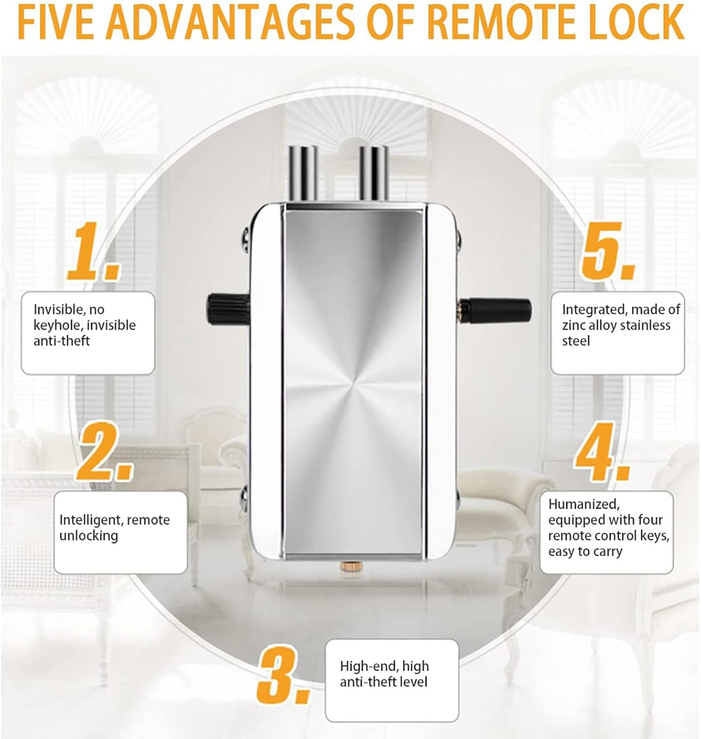 Electronic Door Lock, Zinc Alloy Anti-Theft Remote Door Lock with 4 Remote Controls, Keyless Entry Smart Remote Control Lock for Home Office Garage, Remote/TTLock/Bluetooth Unlock ﻿