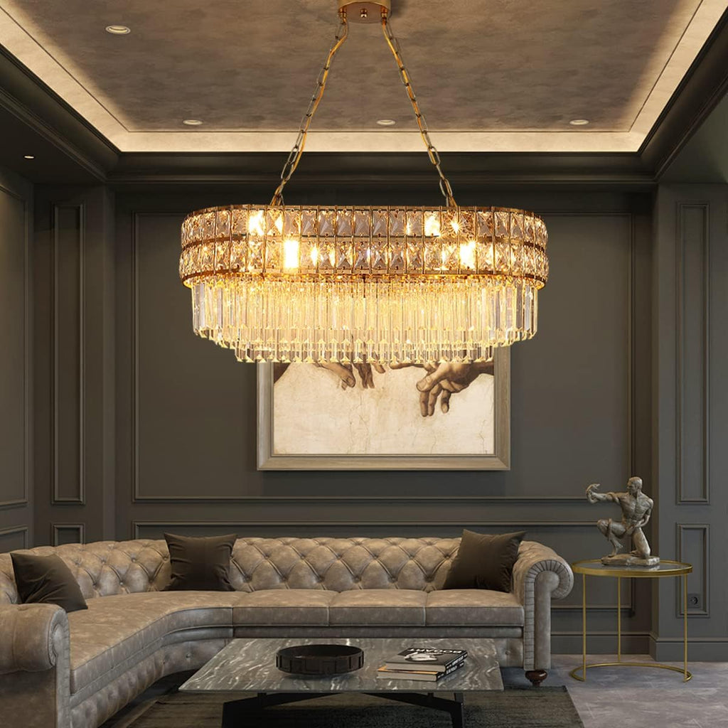 Modern Crystal Chandelier Gold Finish Light Fixture, Oval Crystal Pendant Light Hanging Lamp, for Living Room, Dining Room, Restaurant, E12 x 8, 29.5 x 13 inch