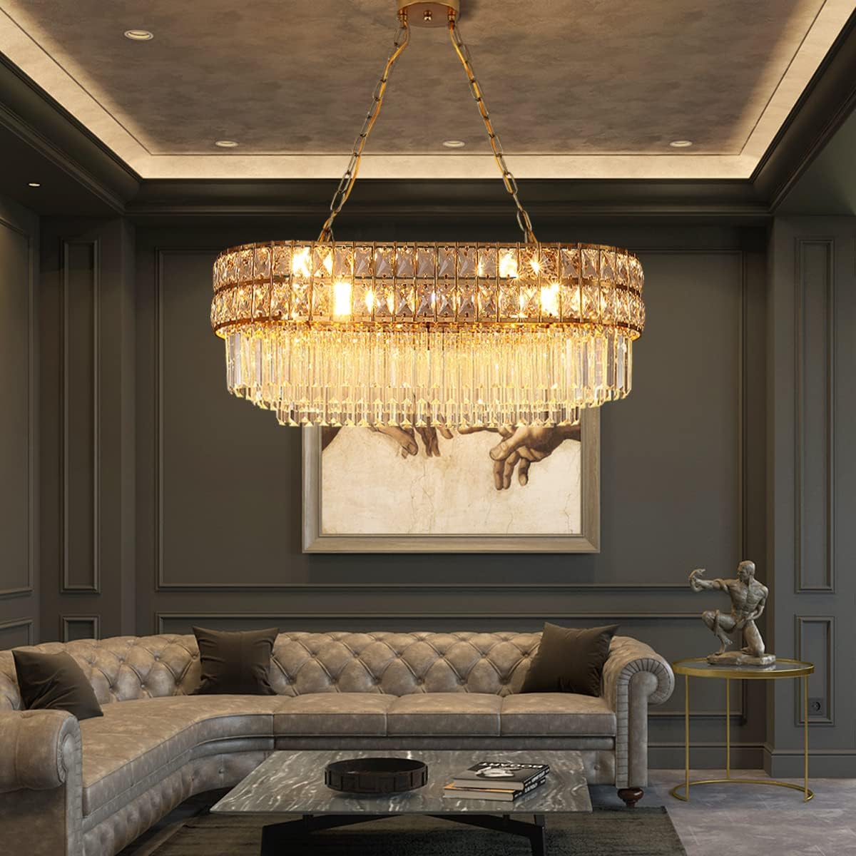 Modern Crystal Chandelier Gold Finish Light Fixture, Oval Crystal Pendant Light Hanging Lamp, for Living Room, Dining Room, Restaurant, E12 x 8, 29.5 x 13 inch