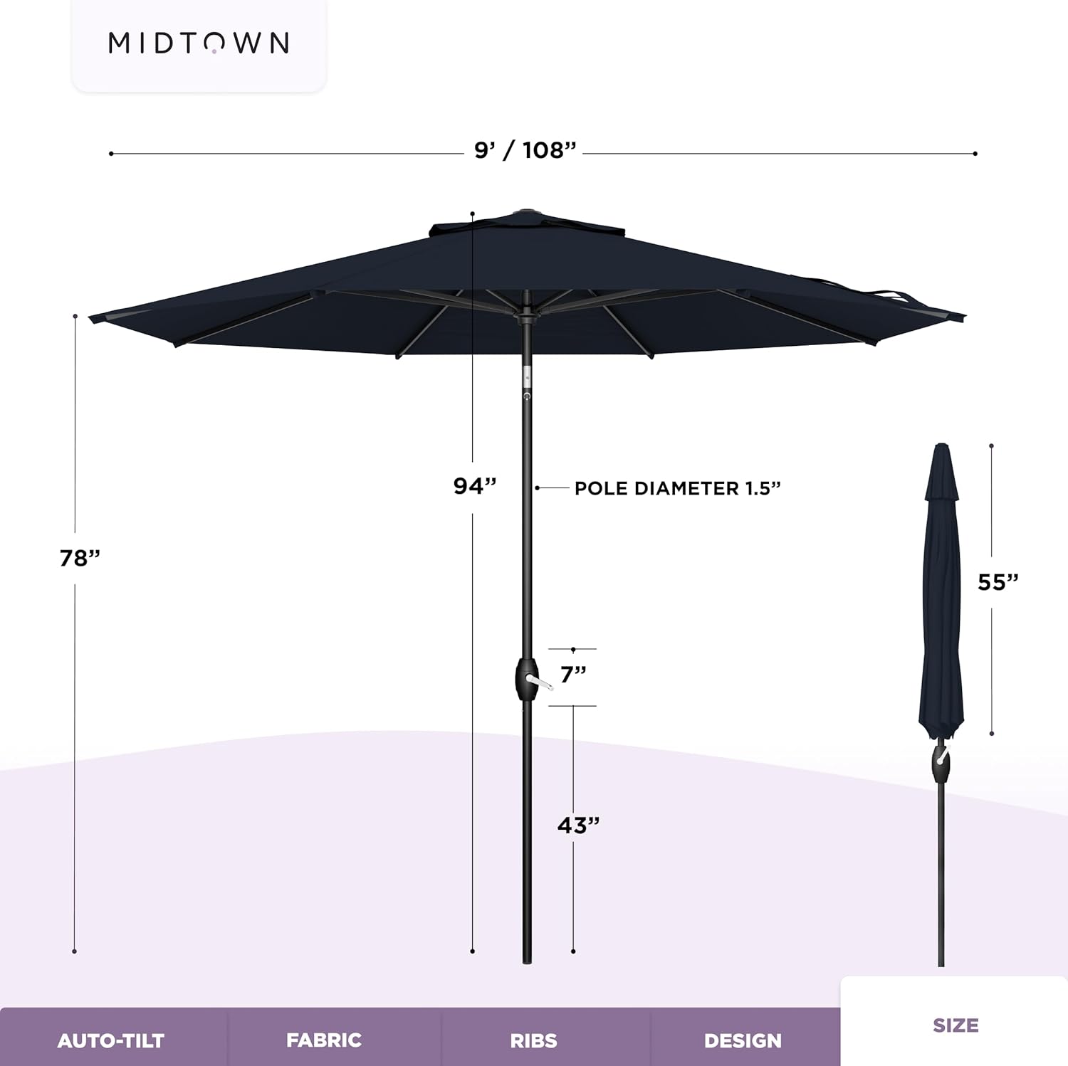 Midtown Umbrellas - The Lean 9 Ft Patio Umbrella with Fade-Resistant Sunbrella Fabric, Auto-Tilt Aluminum Frame and 8 Reinforced Ribs for Deck, Pool & Garden - Canvas Navy Canopy, Black Pole