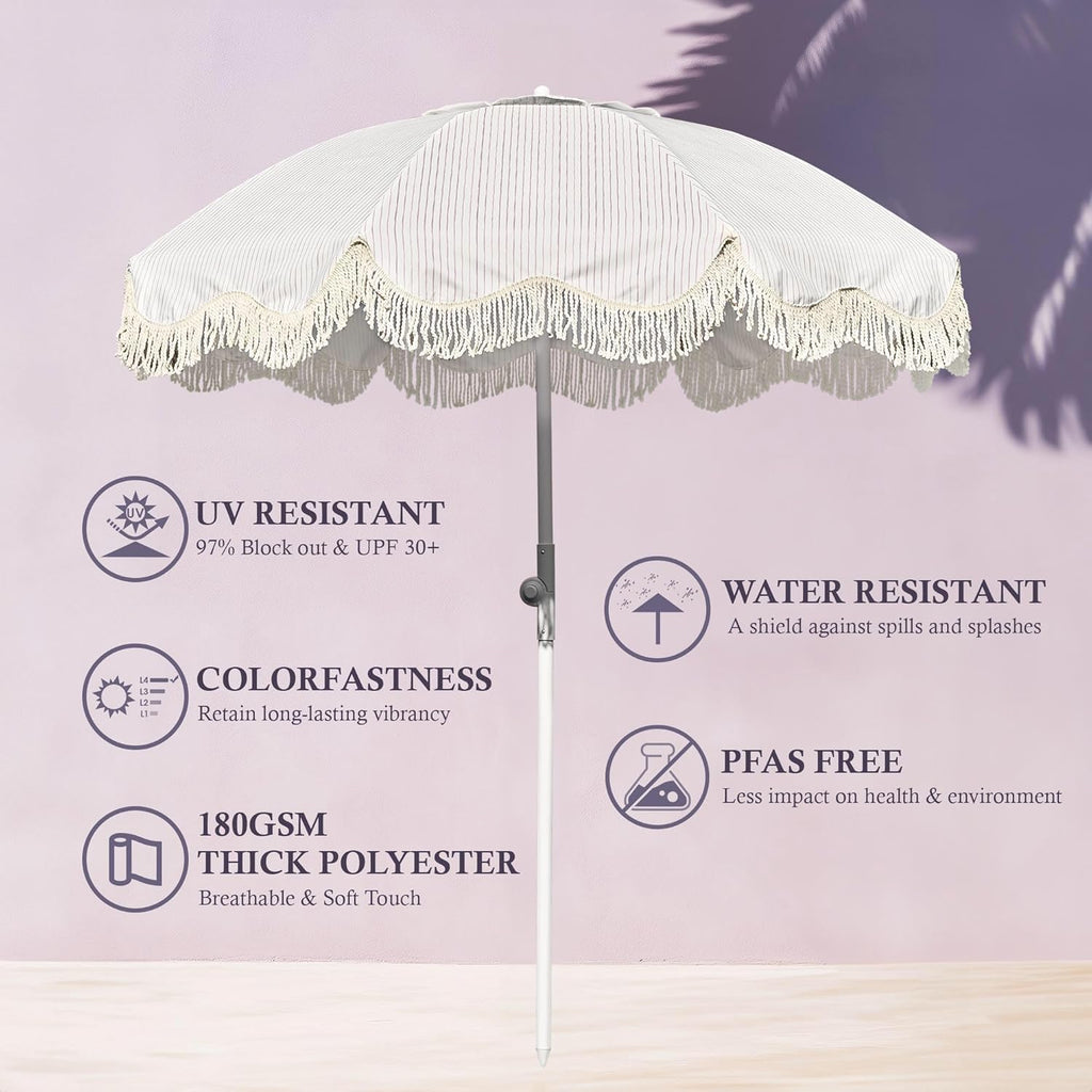 LAGarden Ocean Windproof 6Ft Outdoor Fringe Umbrella Tilting Beach Umbrellas for Sand Portable with Carry Bag Patio Yard Picnic Table Garden Lawn Deck Wedding Pool Party Event
