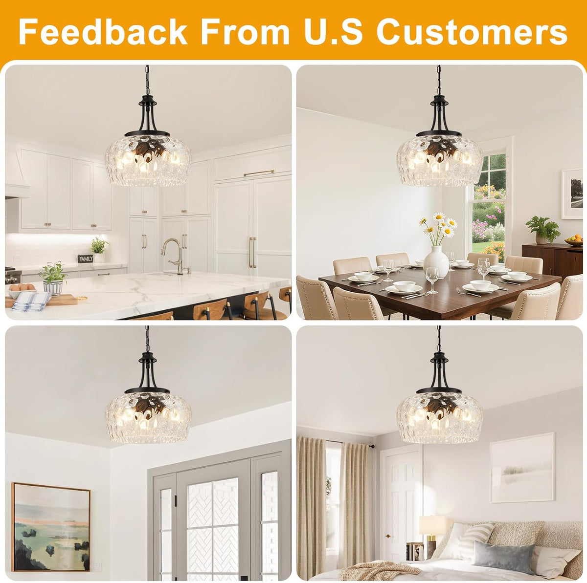 Modern Pendant Lights Kitchen Island, 3-Light Black Pendant Light Fixtures with 14.2" Clear Hammered Glass Shade, Industrial Hanging Pendant Lights Fixture for Kitchen Island, Dining Room, Entryway