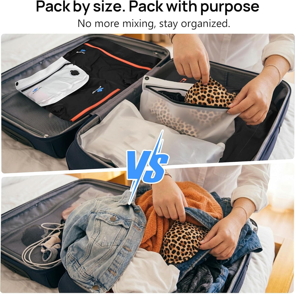 Zurligi Travel Vacuum Bags with Pump, 3 Pack IPX8 Waterproof Reusable & Attachable Vacuum Seal Bags for Clothing, Space Saver for Underwear & Essentials, Suitable for Carry-On Luggage