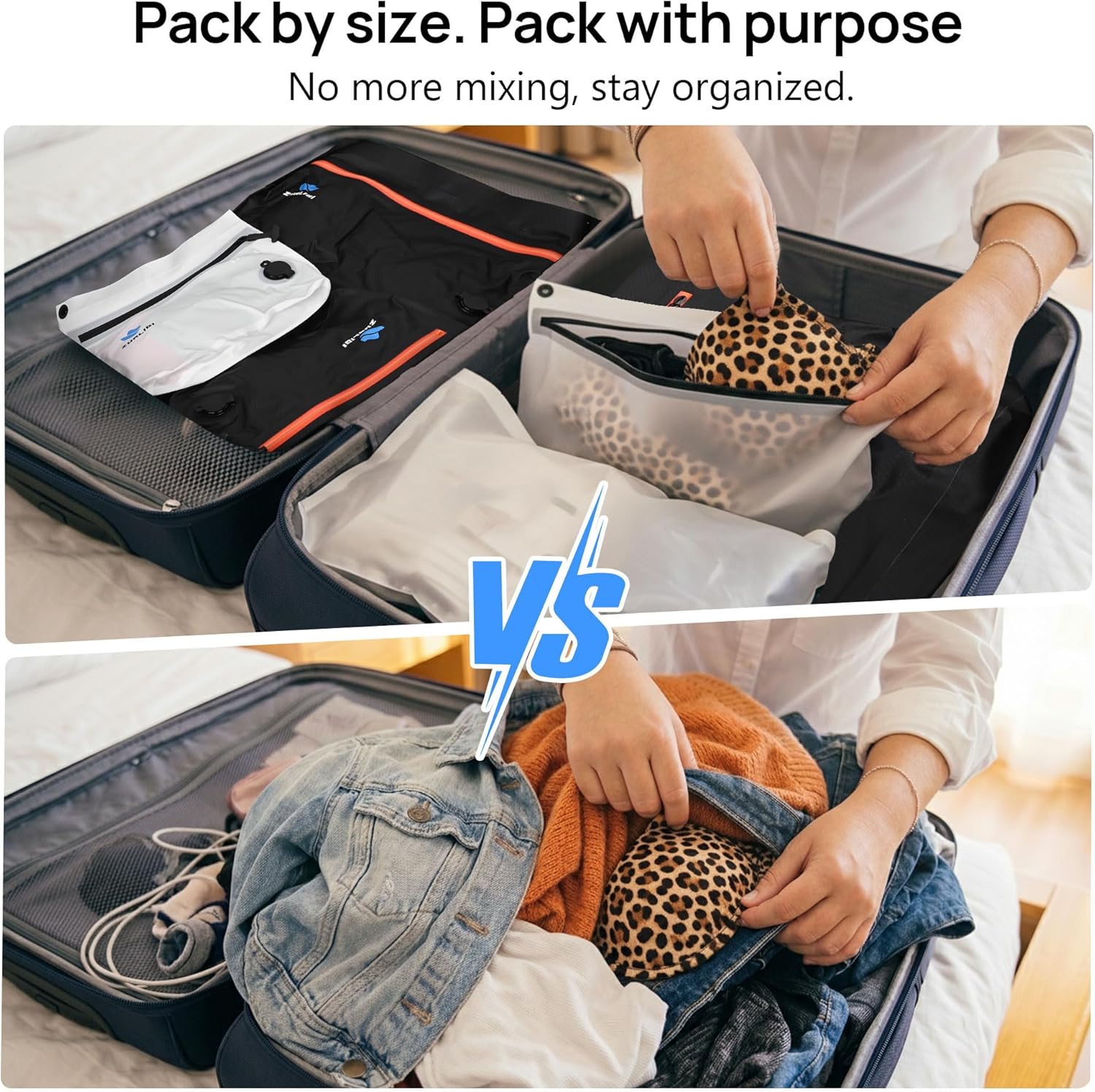 Zurligi Travel Vacuum Bags with Pump, 3 Pack IPX8 Waterproof Reusable & Attachable Vacuum Seal Bags for Clothing, Space Saver for Underwear & Essentials, Suitable for Carry-On Luggage