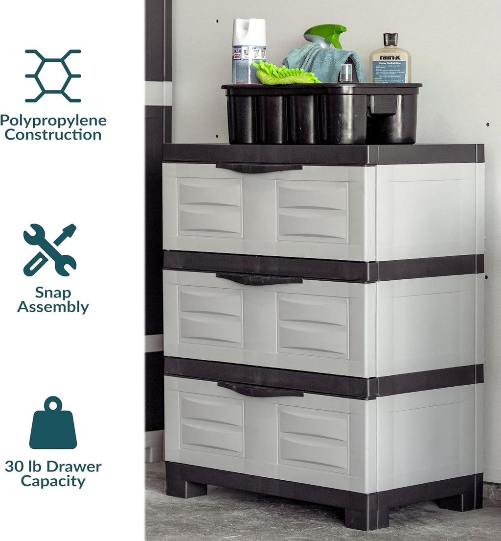Sunnydaze 29.5" H 3-Tier Storage Cabinet with Drawers - Resin Storage Drawers Organizer - for Garage, Office, Home, Laundry Room - Gray w/Charcoal Trim