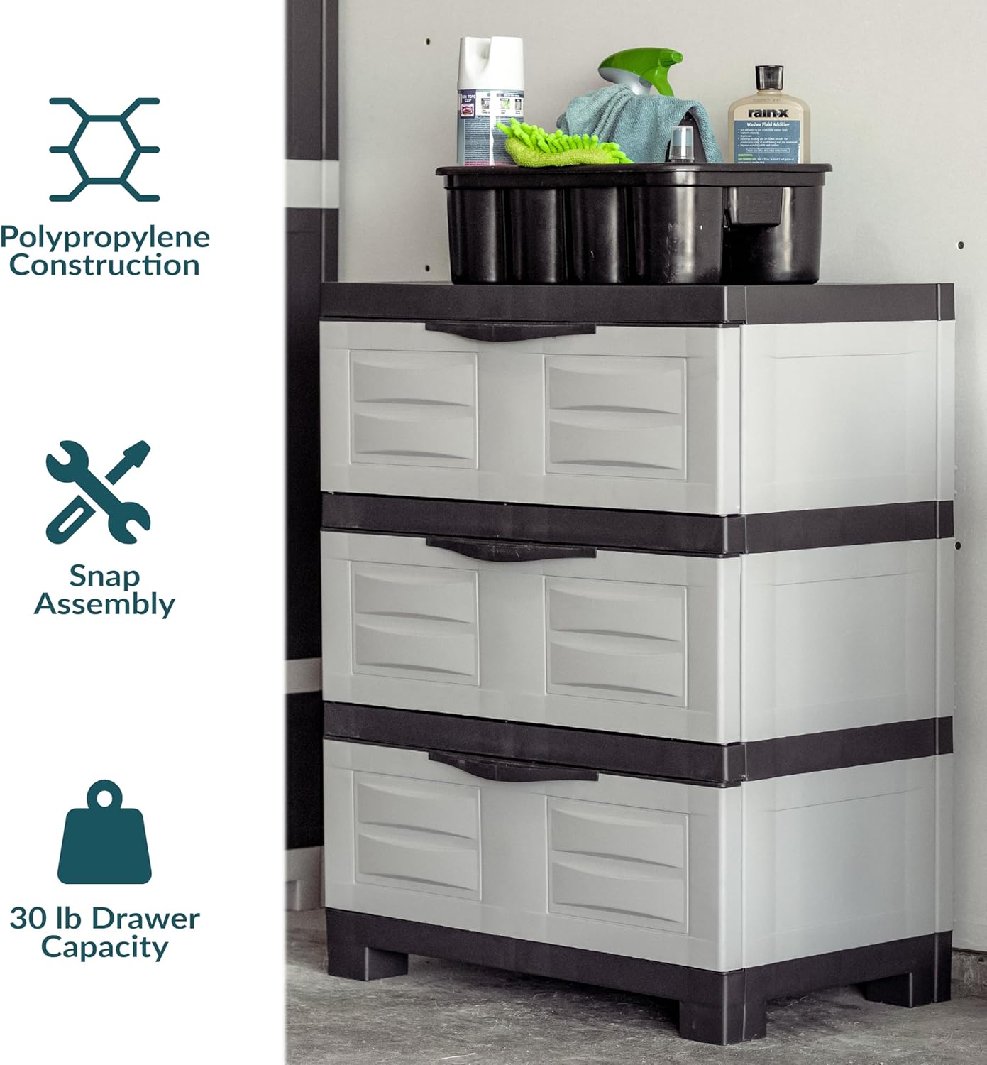 Sunnydaze 29.5" H 3-Tier Storage Cabinet with Drawers - Resin Storage Drawers Organizer - for Garage, Office, Home, Laundry Room - Gray w/Charcoal Trim