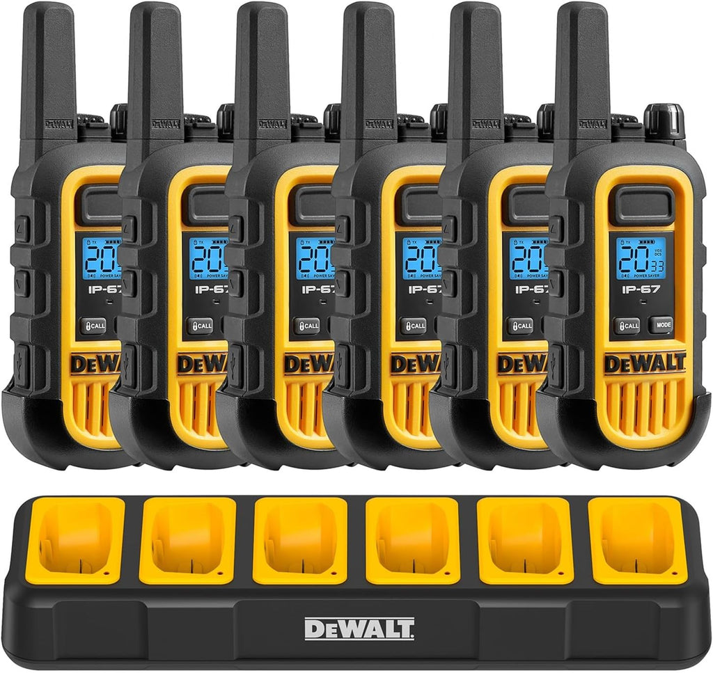 DEWALT DXFRS300 FRS Walkie Talkies, Long Range 2 Way Radio, 1W, IP67 Waterproof, 6 Pack with Gang Charger, DXFRS300-BCH6