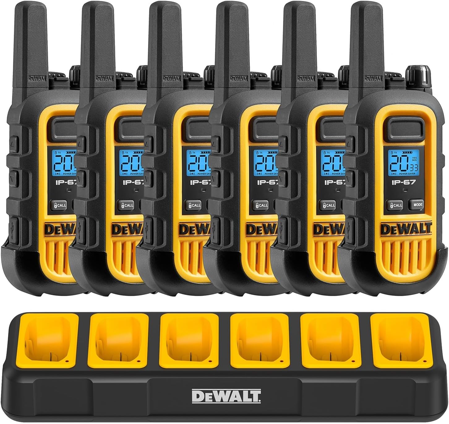 DEWALT DXFRS300 FRS Walkie Talkies, Long Range 2 Way Radio, 1W, IP67 Waterproof, 6 Pack with Gang Charger, DXFRS300-BCH6