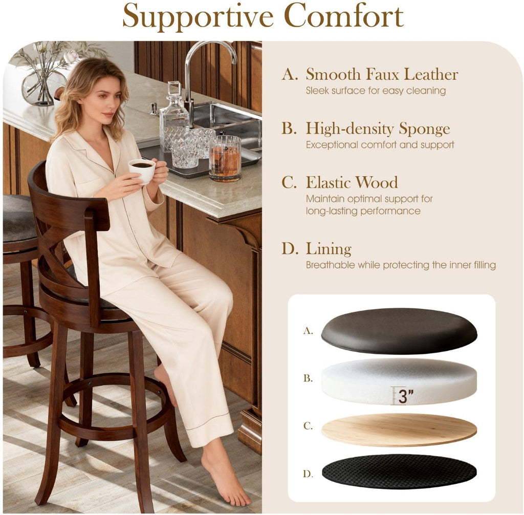 Sophia & William Swivel Bar Stools Set of 3, 30 Inch Bar Height Barstools with Cross Back & Solid Wood Legs,Faux Leather Kitchen Stools