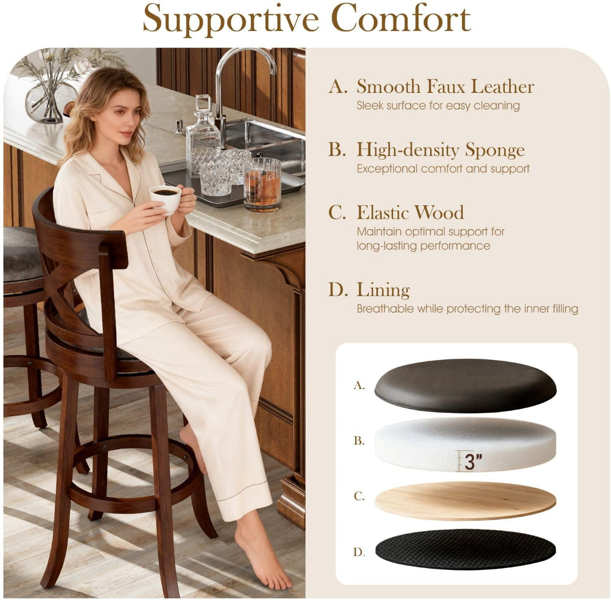 Sophia & William Swivel Bar Stools Set of 3, 30 Inch Bar Height Barstools with Cross Back & Solid Wood Legs,Faux Leather Kitchen Stools