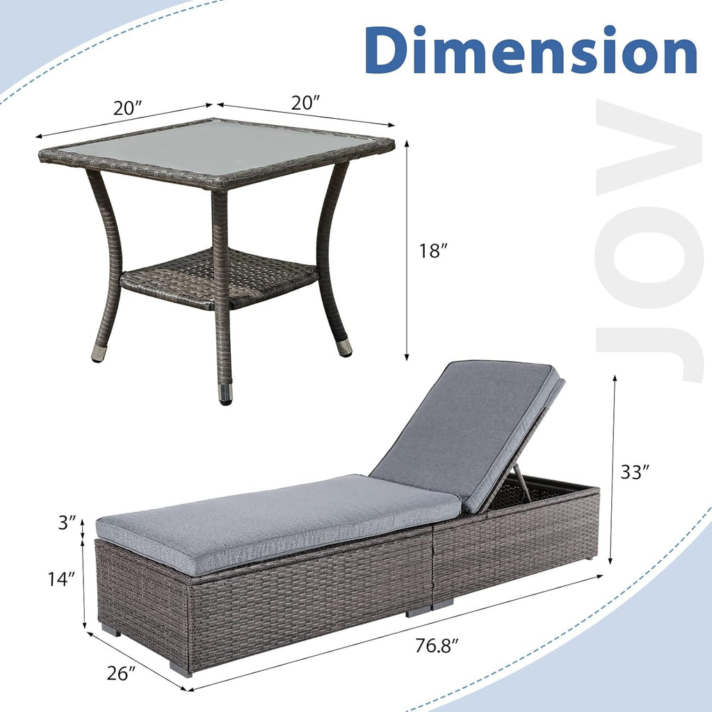 JOIVI Outdoor Chaise Lounge Chair, 3 Piece Patio Lounge Chairs with Glass Top Wicker Coffee Table for Outside, Rattan Reclining Chaise Lounger with Adjustable Backrest and Gray Cushion, Gray PE Wicker