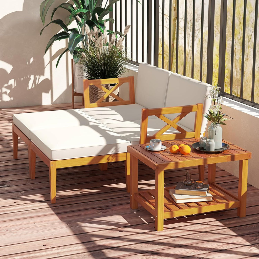 HAPPYGRILL 5 Pieces Acacia Wood Patio Chaise Lounge Chair Set with Ottoman, Outdoor Patio Furniture Set with Cushions and 2-Tier Coffee Table, Outdoor Sectional Conversation Sofa Set for Garden