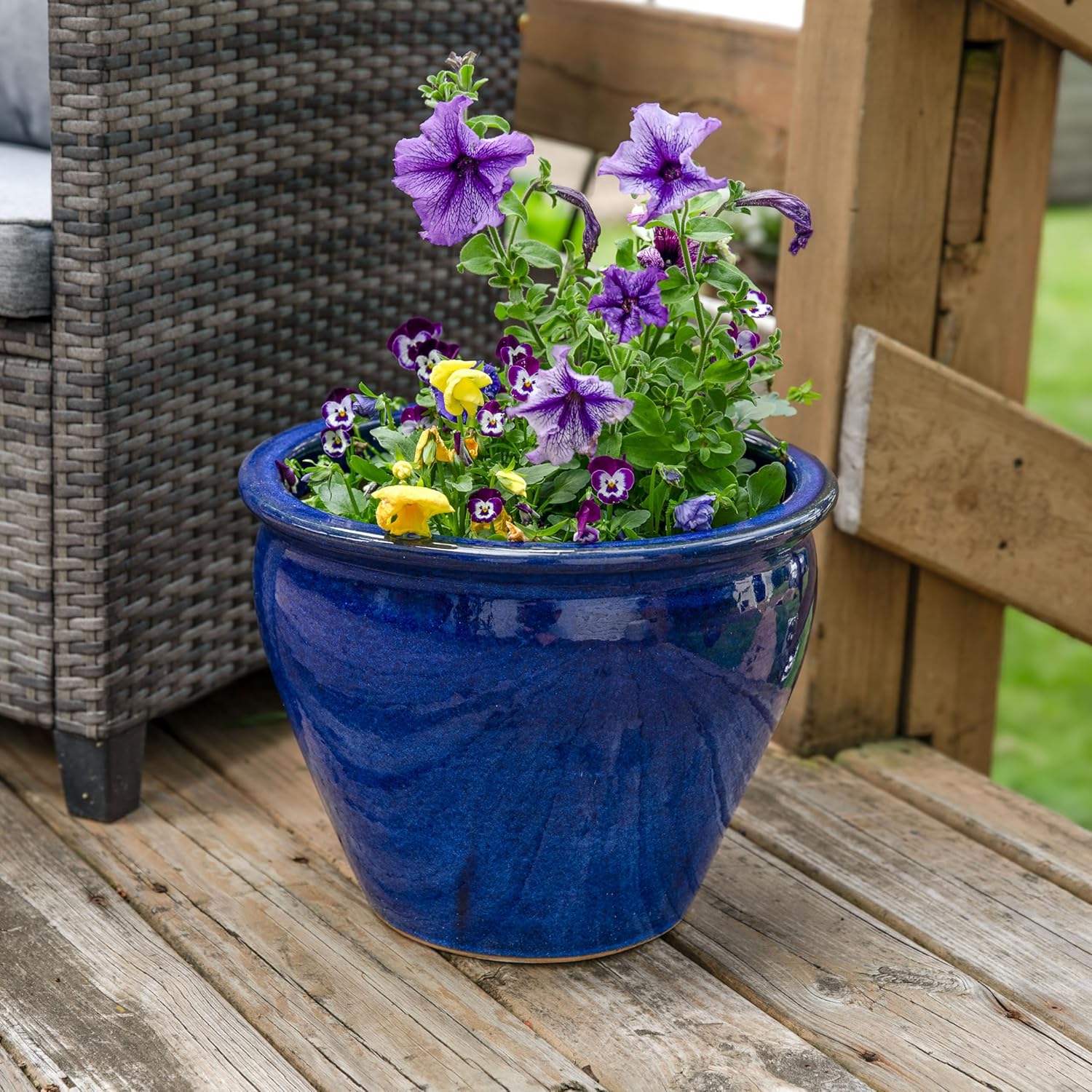 Sunnydaze Large Ceramic Plant Pot - Round Outdoor Glazed Ceramic Planter Pot with Drainage - Studio - Imperial Blue - 18.5"