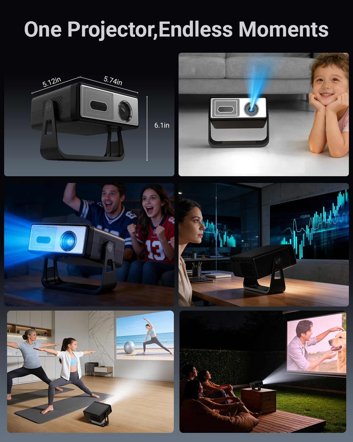 Smart Projector with Wifi and Bluetooth,Streaming Experience Built-in, Native 1080P FHD, 4k Support, 2*8W Speakers,AI Auto Focus & Keystone,Home Movie Portable Outdoor Mini Projector