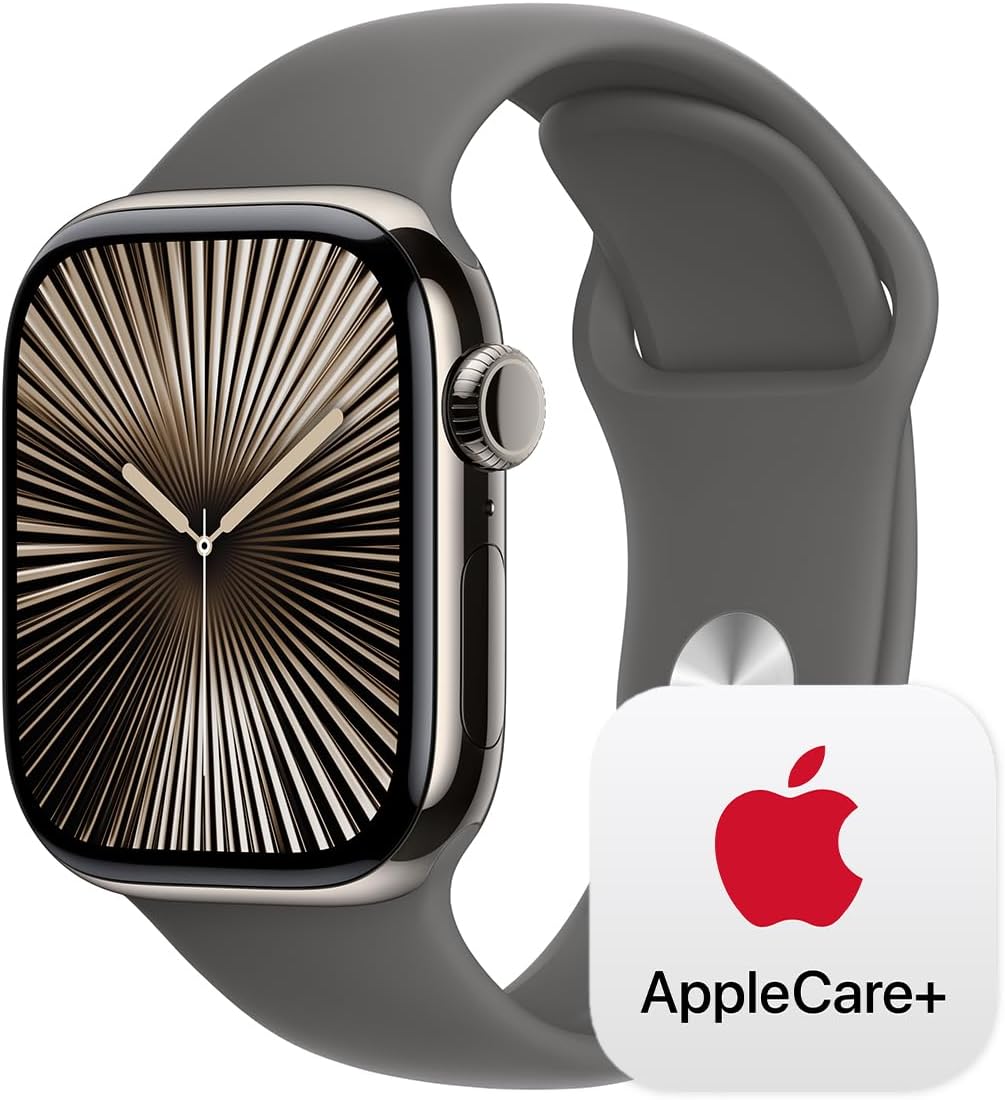 Apple Watch Series 10 GPS + Cellular 42mm with Natural Titanium Case with Stone Grey Sport Band - M/L. Fitness Tracker, ECG App, Always-On Retina Display, Water Resistant with AppleCare+ (2 Years)