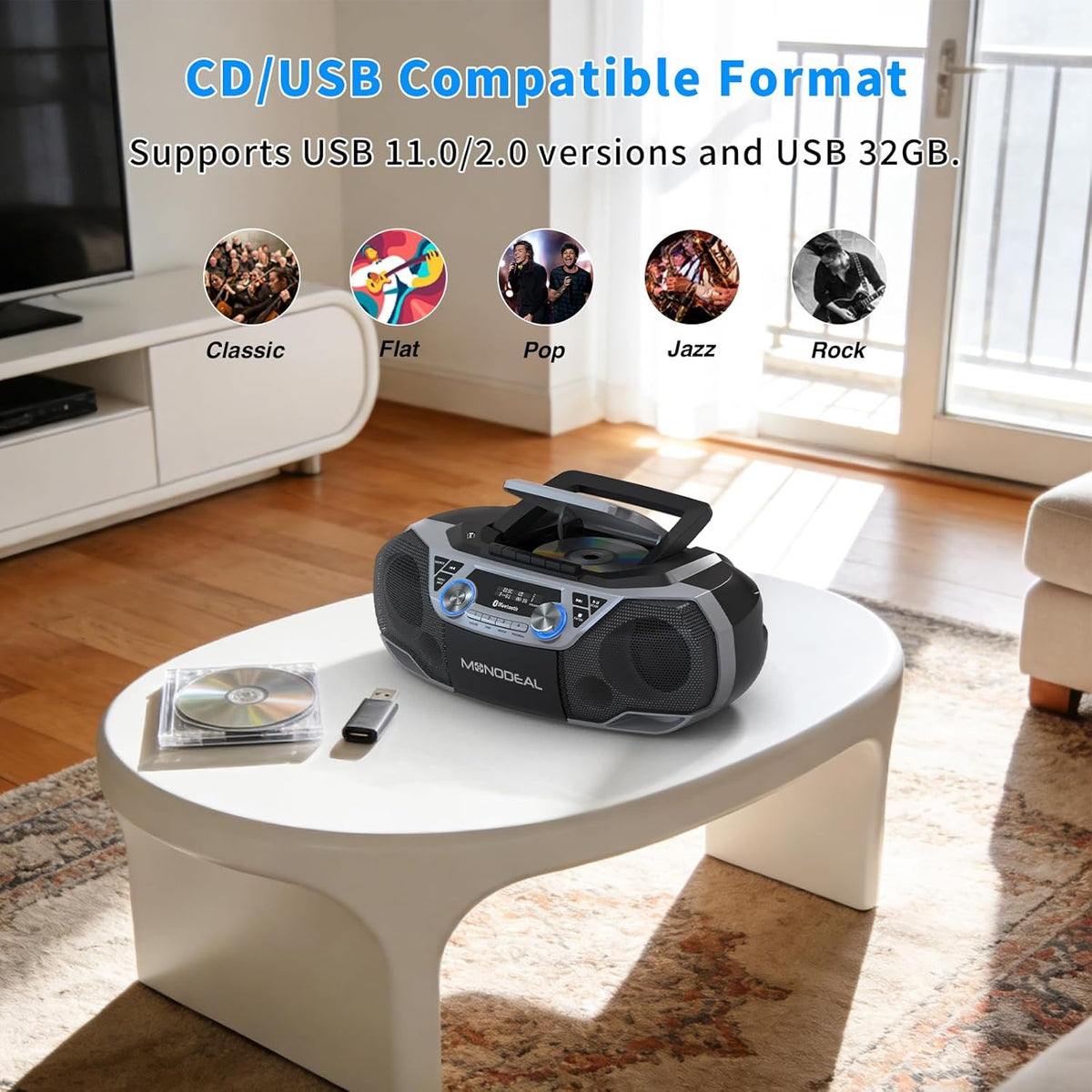 MONODEAL CD Player & Cassette Tape Player with Bluetooth, Powerful Stereo CD Player Boombox with X-BASS,CD and Cassette Player Combo,FM/USB/AUX & Remote, Tape Recording, Sleep Timer, AC/DC Powered