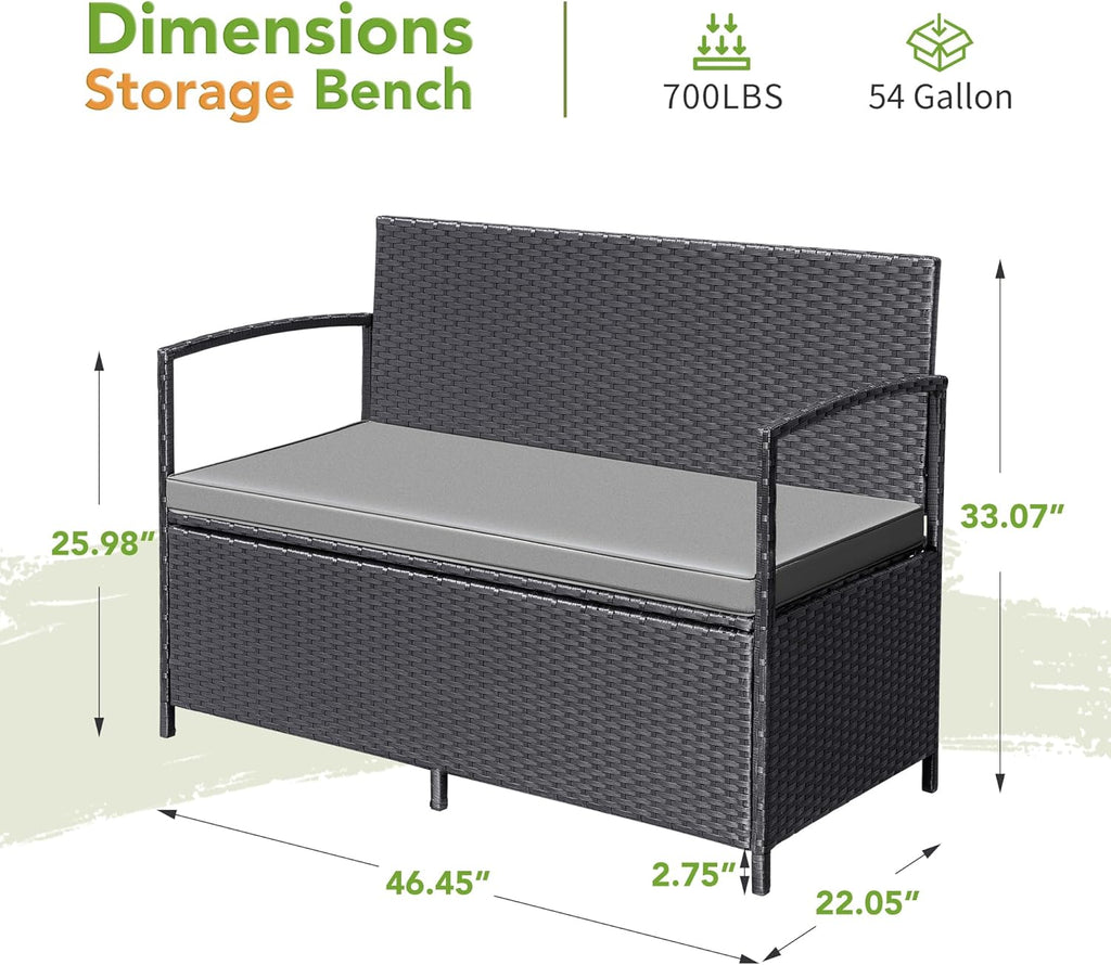 Greesum Patio Loveseat PE Rattan Wicker Outdoor Furniture with Soft Cushions & Built-in Storage Space for Lawn Garden Backyard, Black