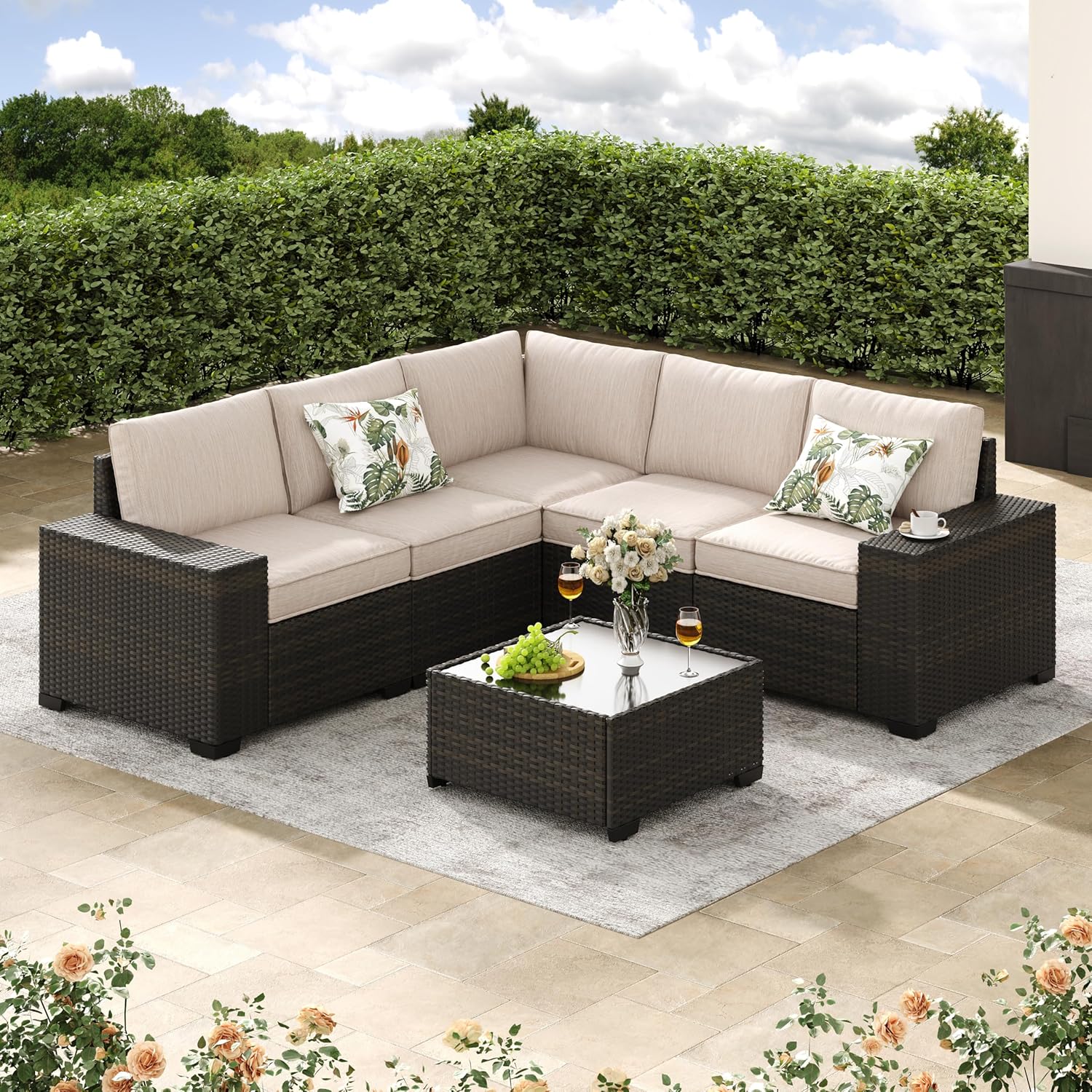 Jing's Villa 6-Piece Patio Furniture Set, All-Weather Outdoor Wicker Sectional Sofa with Cushions, Glass Table & Left and Right Armrest, Rattan Conversation Seating for Porch, Garden, Backyard,Beige