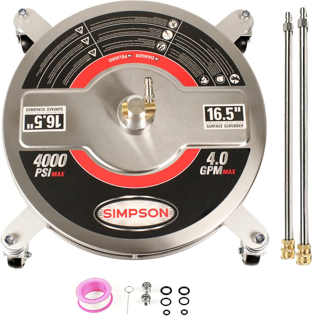 Simpson Cleaning Universal 16.5" Pressure Washer Surface Cleaner, Stainless Steel, for Gas and Electric, Cold Water, 1/4" Quick Connection, Max of 4000 PSI, 80625