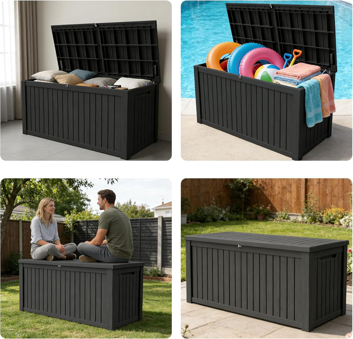 200 Gallon Outdoor Storage Box Resin Deck Box All Weather Waterproof Large Lockable Storage Container Deck Box for Patio Furniture, Garden Tools, Lockable, Black