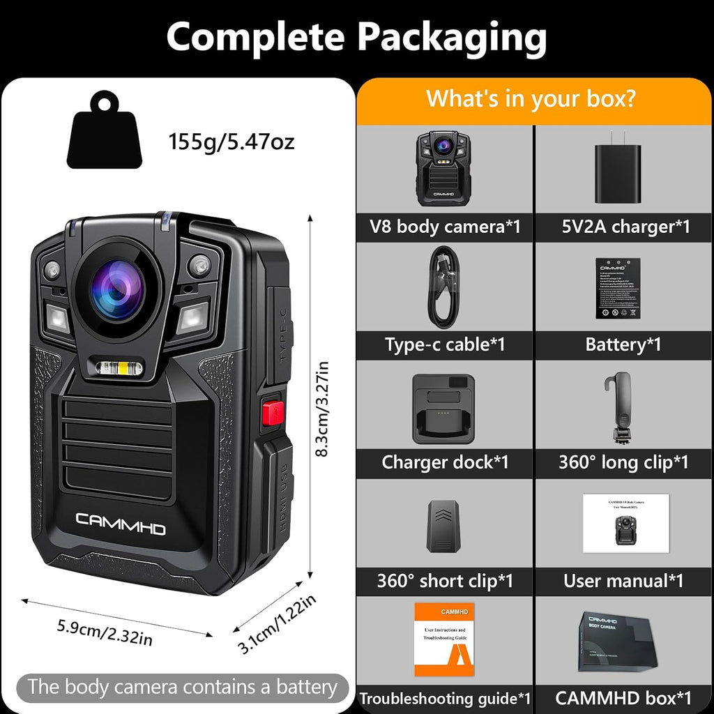 CAMMHD V8-256GB 4K Body Camera with Audio and Video Recording, 2160P Body Cam Two Battery 4400mAh Work 14H, H.265 Video Recorder, IP68 Waterproof, Night Vision Police Camera with Charging Dock