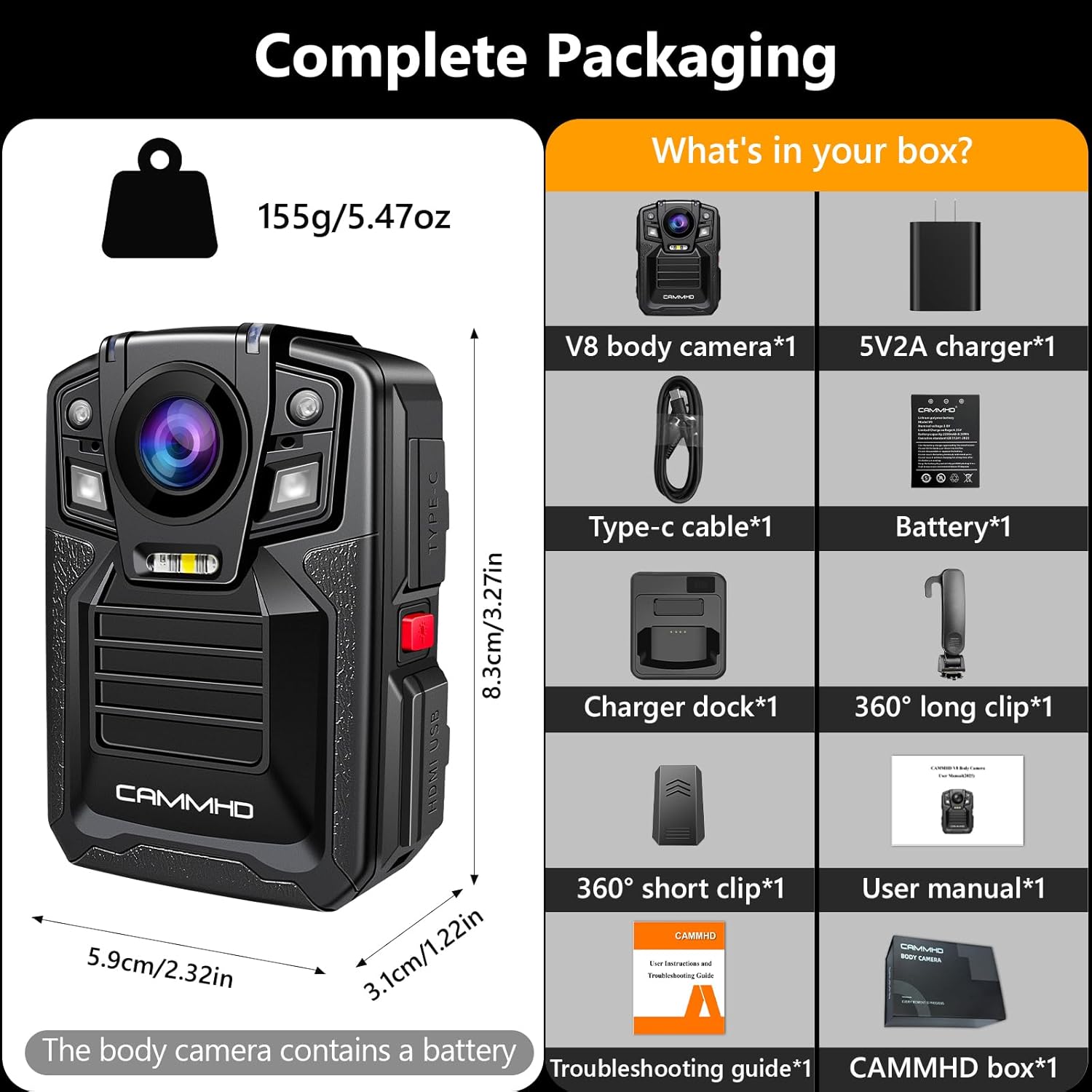 CAMMHD V8-256GB 4K Body Camera with Audio and Video Recording, 2160P Body Cam Two Battery 4400mAh Work 14H, H.265 Video Recorder, IP68 Waterproof, Night Vision Police Camera with Charging Dock