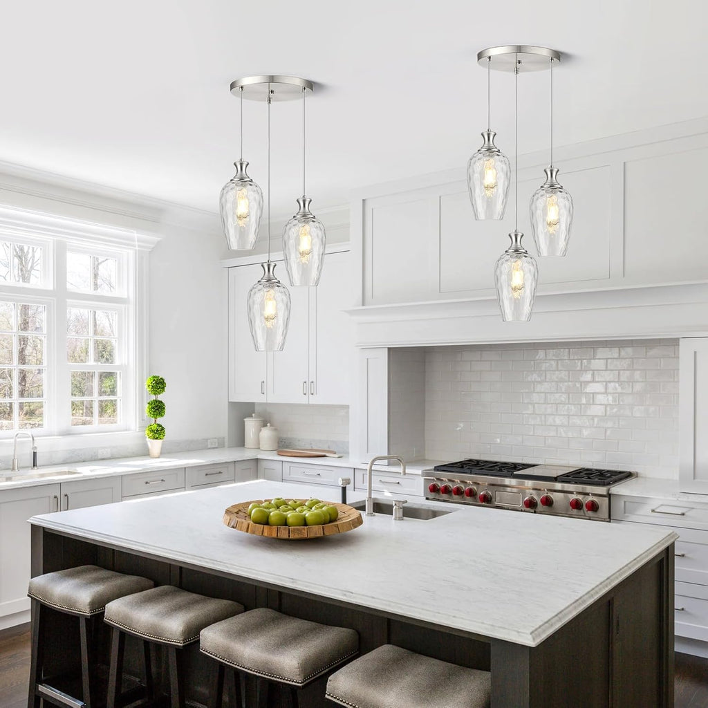 3-Light Pendant Lighting, Modern Brushed Nickel Dining Room Chandelier Light Fixture Over Table with Hammered Glass, Brass Cluster Hanging Lights for Kitchen Island Dining Room Bedroom, E26