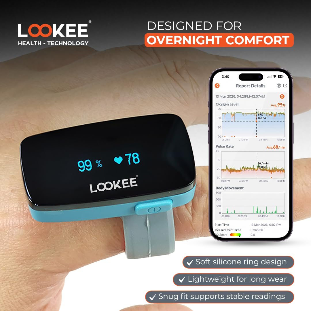 LOOKEE Ring-Pro Wearable Oxygen Monitor with Vibration Reminder for Low O2 - Continuous Pulse Oximeter -Rechargeable Blood Oxygen Saturation Tracker for SpO2 & PR - Free APP & PC Reports