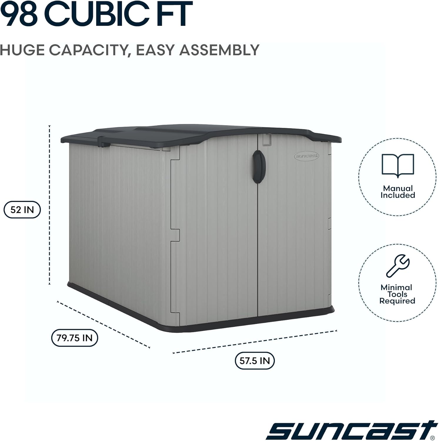 Suncast 138 Cu Ft Horizontal Outdoor Storage Shed, 57.5"x79.75"x52" Glidetop Outdoor Shed with Sliding Lid, Resin Storage Sheds with Floor for Bikes, Motorcycles, & Lawn Mower, Made in The USA