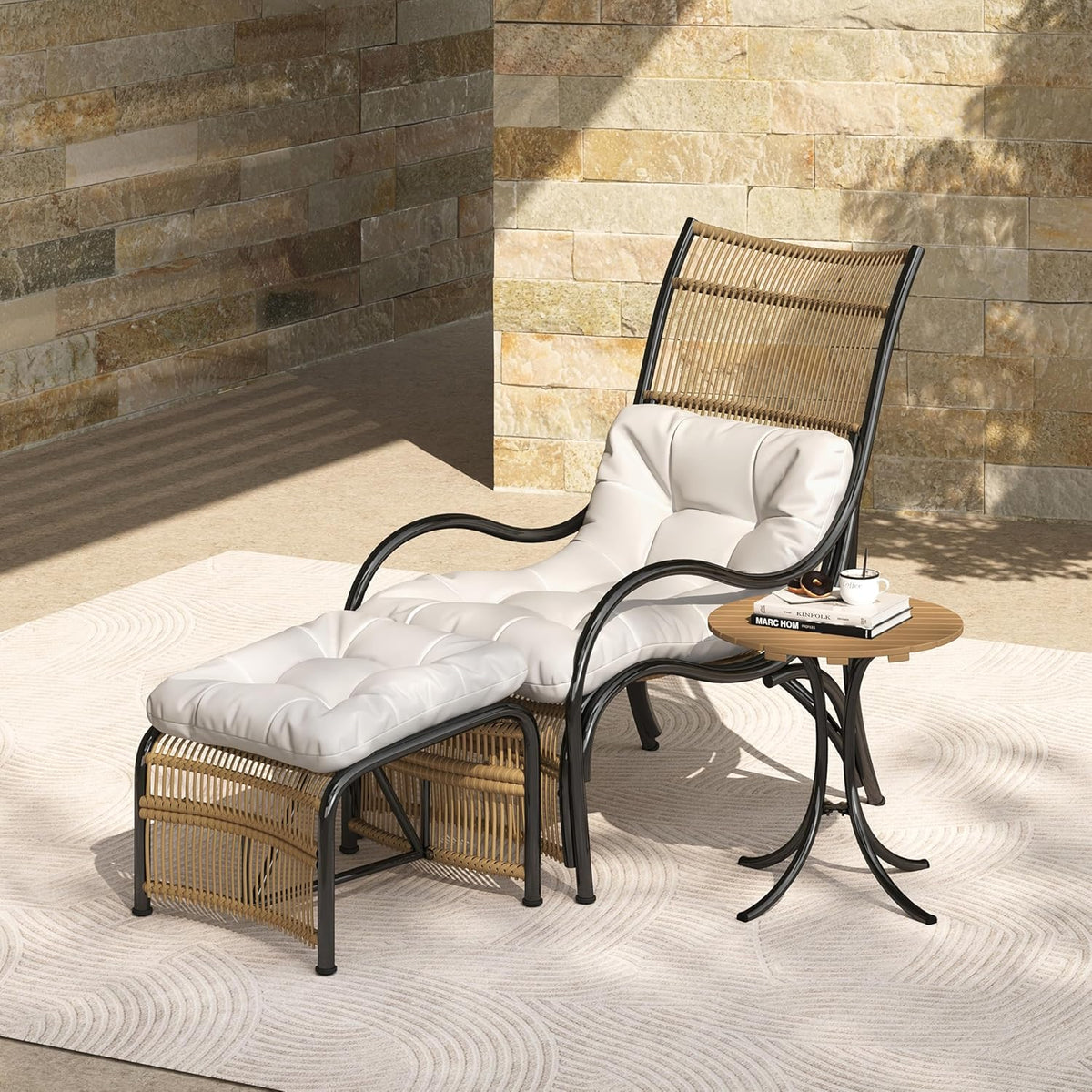 Merax 3-Pieces Patio Furniture Set, Wicker Outdoor Lounge Chairs with Footrest and Acacia Wood Table for Garden, Lawn, Pool, Balcony, Thick Soft Cushion Seating, Natural