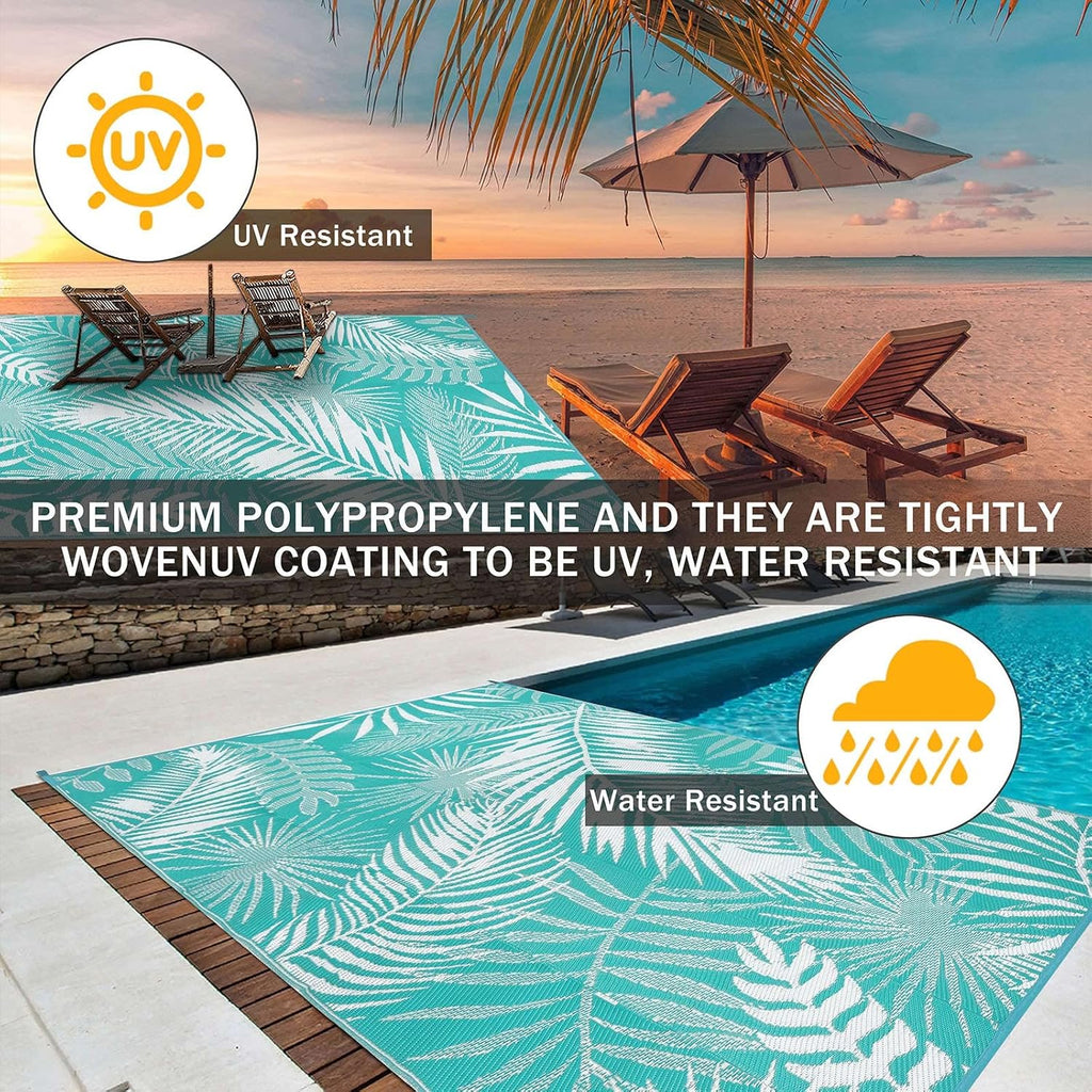 Outdoor Rug Waterproof for Patios Clearance, 10'x14' Quick Drying Outdoor Plastic Straw Rug Camping Carpet, Outside Floor Mats Large Area Rugs for RV,Patio,Deck,Porch, Beach, Balcony,Teal&White