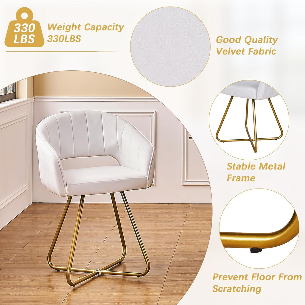 VECELO Velvet Accent Chair Set of 2, Luxury Vanity & Dining Chair with Gold Cross Base, 360°Swivel Upholstered Armchair for Living Room, Bedroom, Home Office, Pearl White
