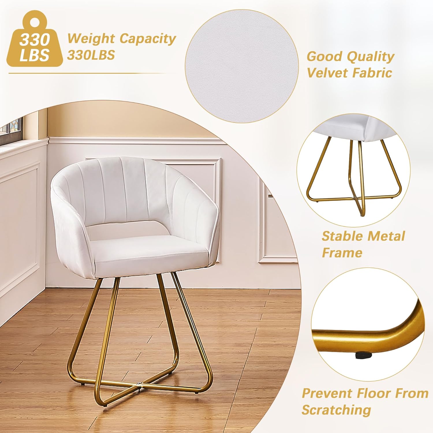 VECELO Velvet Accent Chair Set of 2, Luxury Vanity & Dining Chair with Gold Cross Base, 360°Swivel Upholstered Armchair for Living Room, Bedroom, Home Office, Pearl White