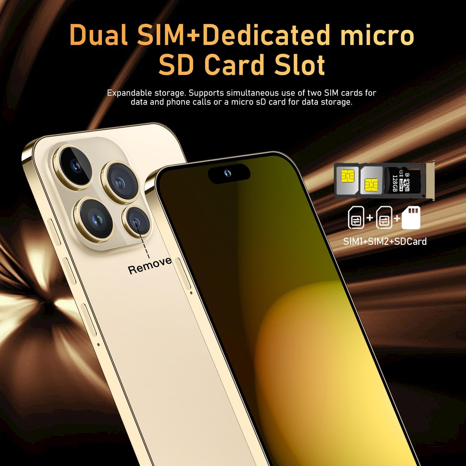 Huness 14 PM Smartphone Unlocked Cell Phone,Battery 6800mAh 6.82" HD Screen Unlocked Phones,16+512GB Android 14 Support 128GB Memory Card,Dual SIM/Fingerprint Lock/Face ID/GPS (Gold, 16+512G)
