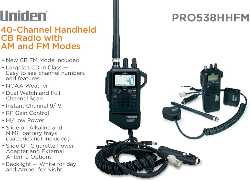 Uniden PRO538HHFM, “2 in 1” Dual Handheld/Mobile Emergency CB Radio with New FM Mode, Full 40 Channels, NOAA Weather Alerts, and Selectable 4-Watts HI/1-Watt Low Output Power.