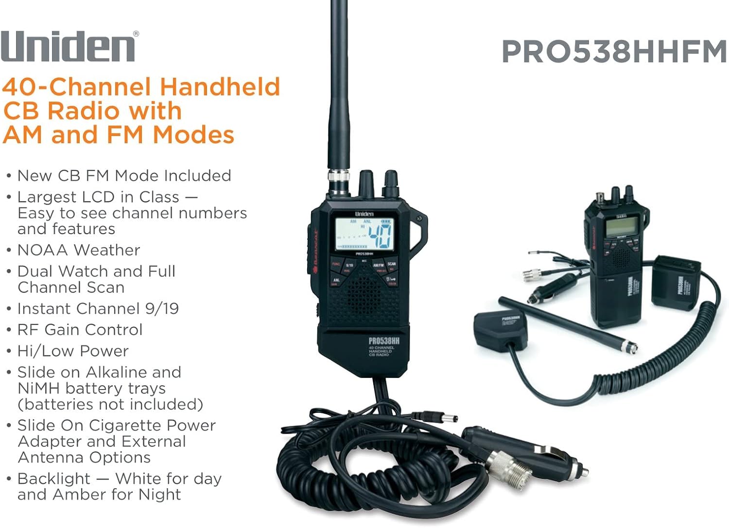 Uniden PRO538HHFM, “2 in 1” Dual Handheld/Mobile Emergency CB Radio with New FM Mode, Full 40 Channels, NOAA Weather Alerts, and Selectable 4-Watts HI/1-Watt Low Output Power.