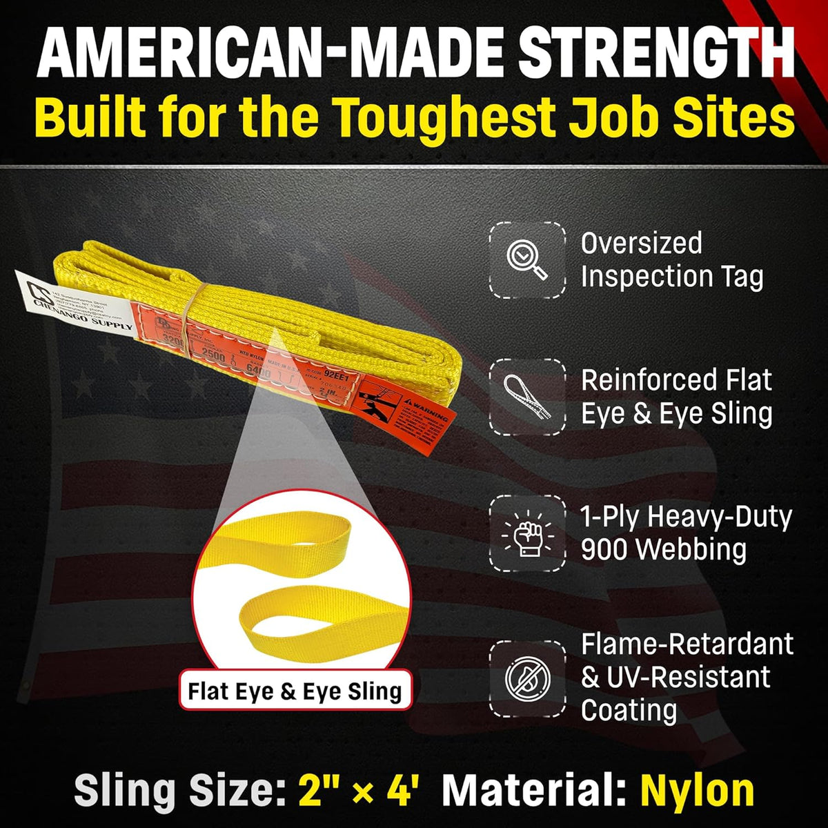 DD Sling 2 Inch x 4 Foot Nylon Lifting Sling – USA Made, 3,200 lb Vertical, 2,500 lb Choker, 6,400 lb Basket – 1-Ply Heavy Duty 900 Webbing, Type 3 Flat Eye & Eye Sling