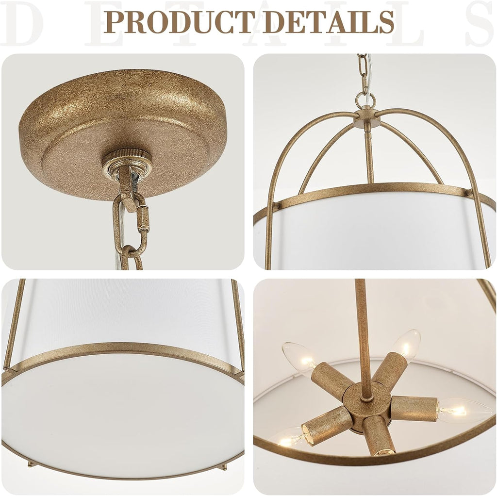 Rustic Modern Chandelier for Entryway, Dining Room Chandelier with Off-White Fabric Shade, Gold Pendant Light Fixture for Bedroom Kitchen Farmhouse