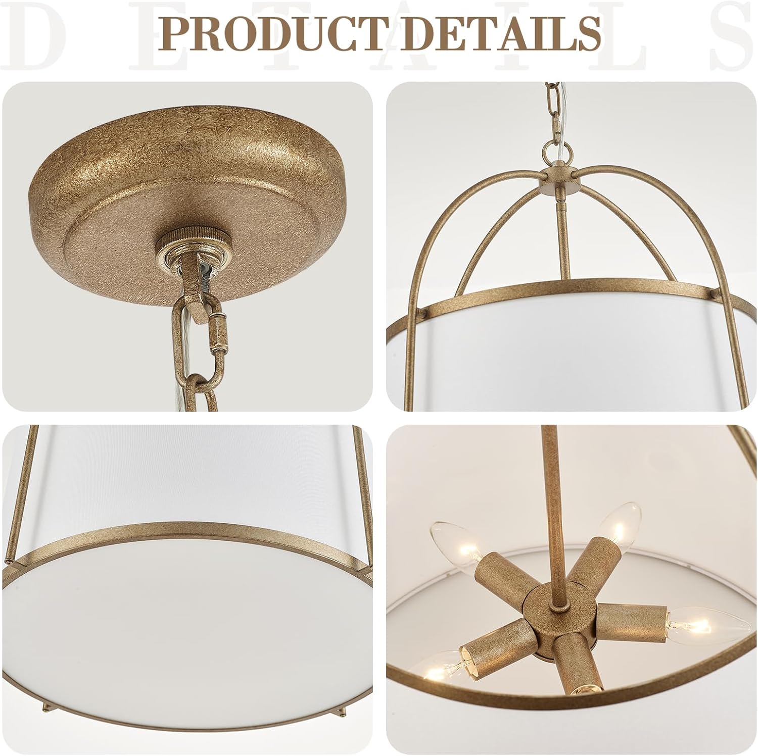 Rustic Modern Chandelier for Entryway, Dining Room Chandelier with Off-White Fabric Shade, Gold Pendant Light Fixture for Bedroom Kitchen Farmhouse