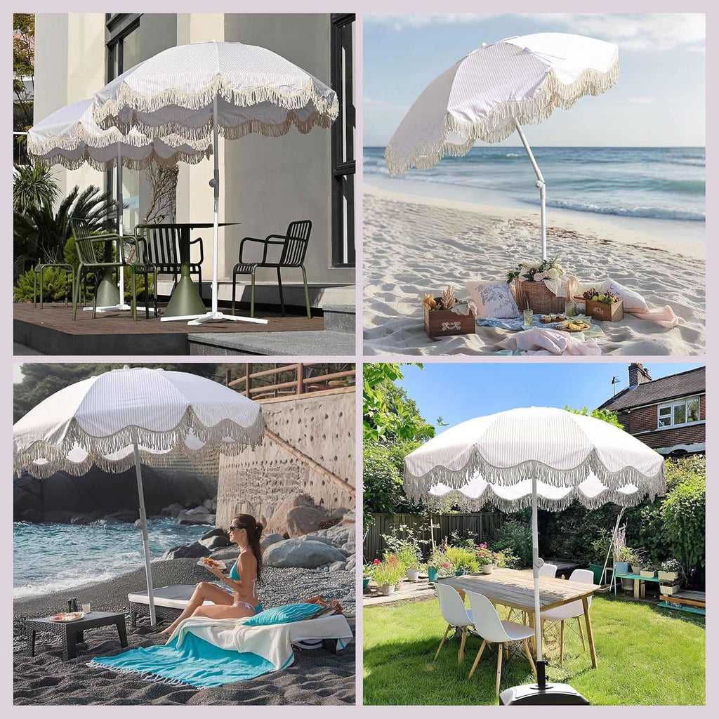 LAGarden Ocean Windproof 6Ft Outdoor Fringe Umbrella Tilting Beach Umbrellas for Sand Portable with Carry Bag Patio Yard Picnic Table Garden Lawn Deck Wedding Pool Party Event