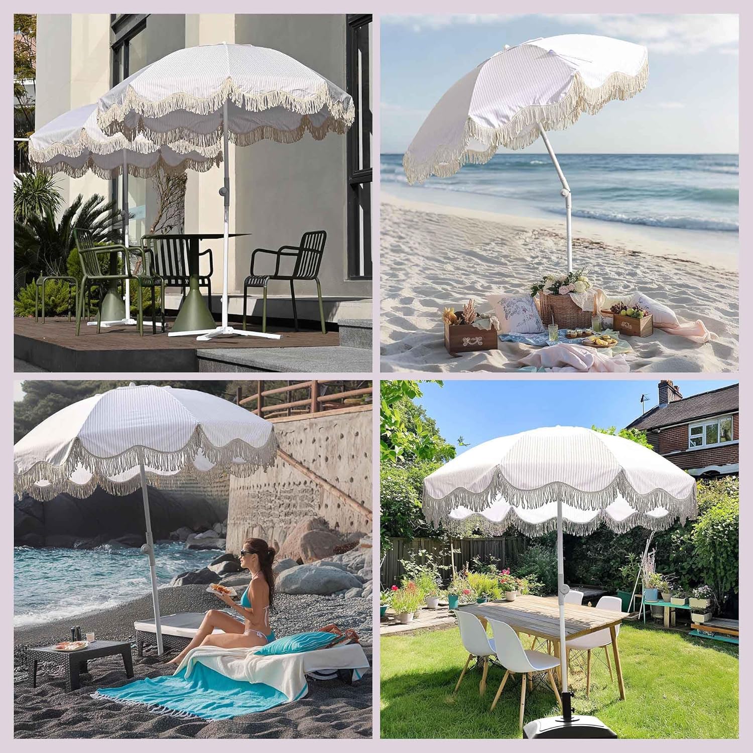 LAGarden Ocean Windproof 6Ft Outdoor Fringe Umbrella Tilting Beach Umbrellas for Sand Portable with Carry Bag Patio Yard Picnic Table Garden Lawn Deck Wedding Pool Party Event