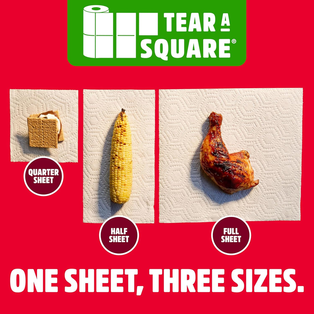 Brawny Tear-A-Square 3-Ply Paper Towels, 12 XL Family Rolls = 30 Regular Rolls, Strong, Absorbent, and Durable with 3 Sheet Sizes (Quarter, Half, Full)