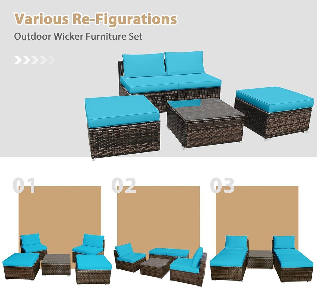 Tangkula 5 Piece Wicker Lounge Chair Set, with Tempered Glass Coffee Table, Outdoor Conversation Sets w/Washable Zippered Cushions, Includes 2 Armless Sofas, 2 Ottomans and 1 Side Table (Turquoise)