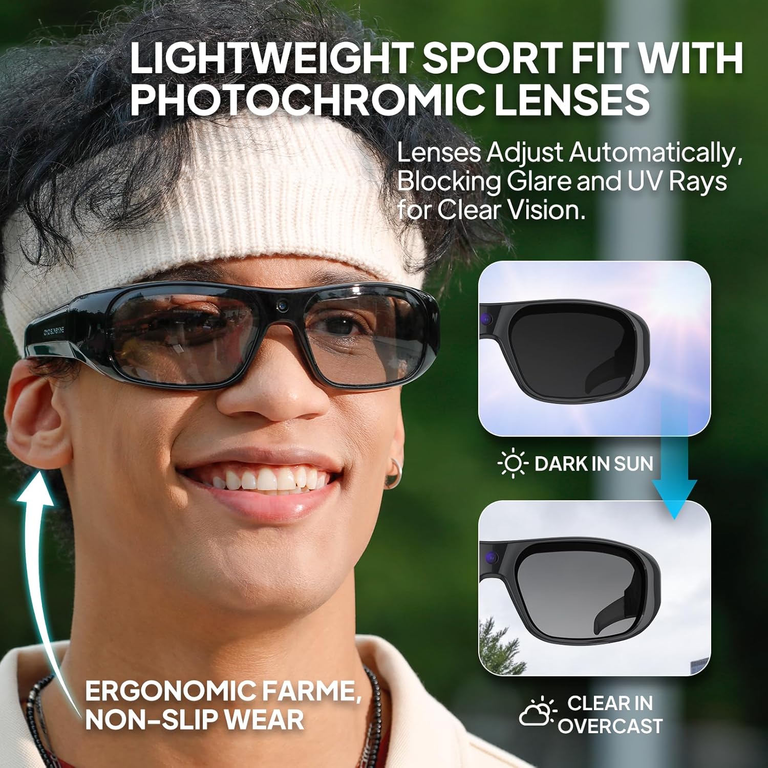 OhO sunshine Anti-Shake Stabilization 2K QHD Camera Sunglasses, Record-While-Charging, Water Resistant & Photochromic Lenses