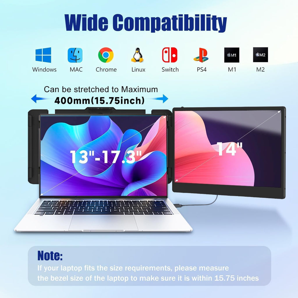 KEFEYA Laptop Screen Extender, 14" FHD 1080P IPS Laptop Monitor Extender Dual Screen, Portable Monitor for Laptops 13-17" with USB-C/HDMI Port, Plug n Play for Windows/Mac/Android/Switch/PS5